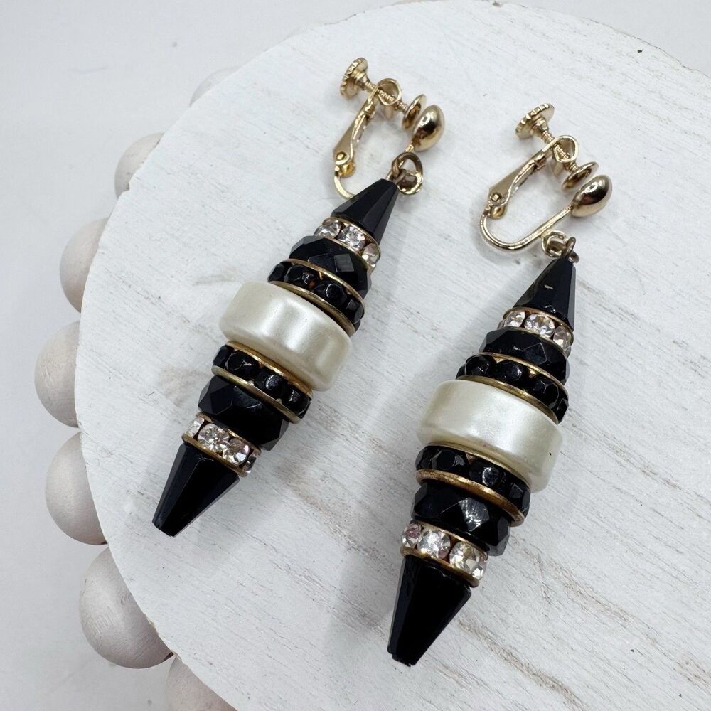 Vtg Art Deco Style Black Rhinestone & Pearl Geometric Long Dangle Earrings Mogul